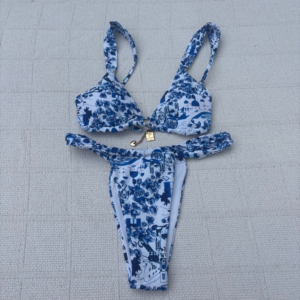 Women's Small AMAZON Blue White Greek Gold Charm Super Cheeky Bikini Set‎